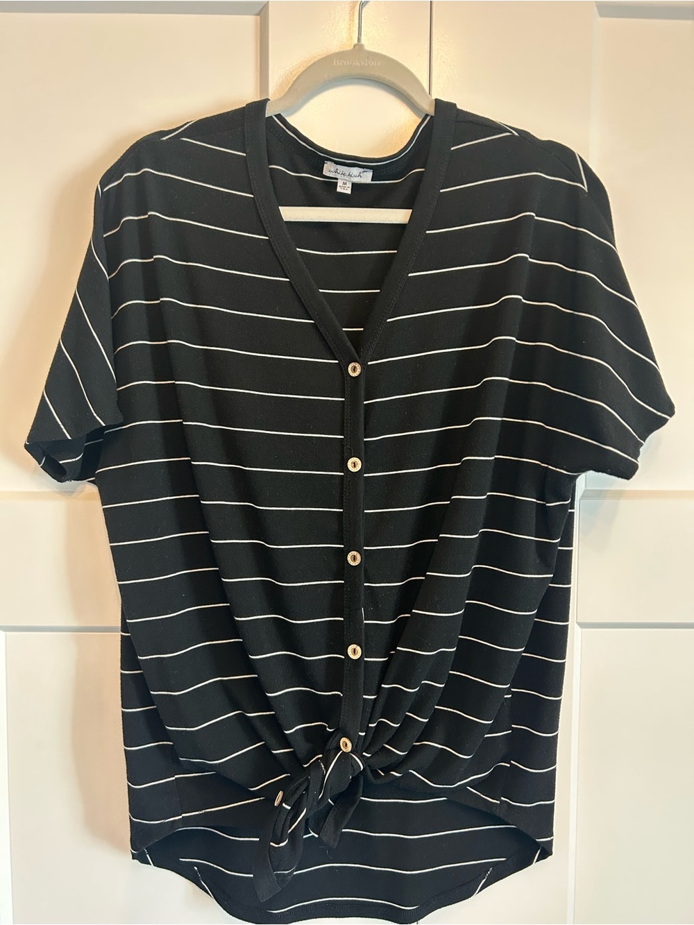White Birch Button Front Dolman Sleeve Top Women's M Cotton, Striped, Black, USA